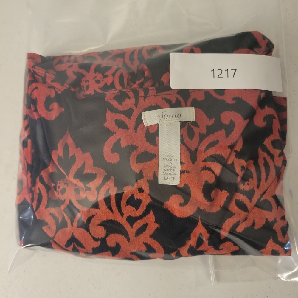 Soma Knit Dress Womens Large Red Orange Damask Empire Waist V-Neck Cap Sleeve - Picture 15 of 15